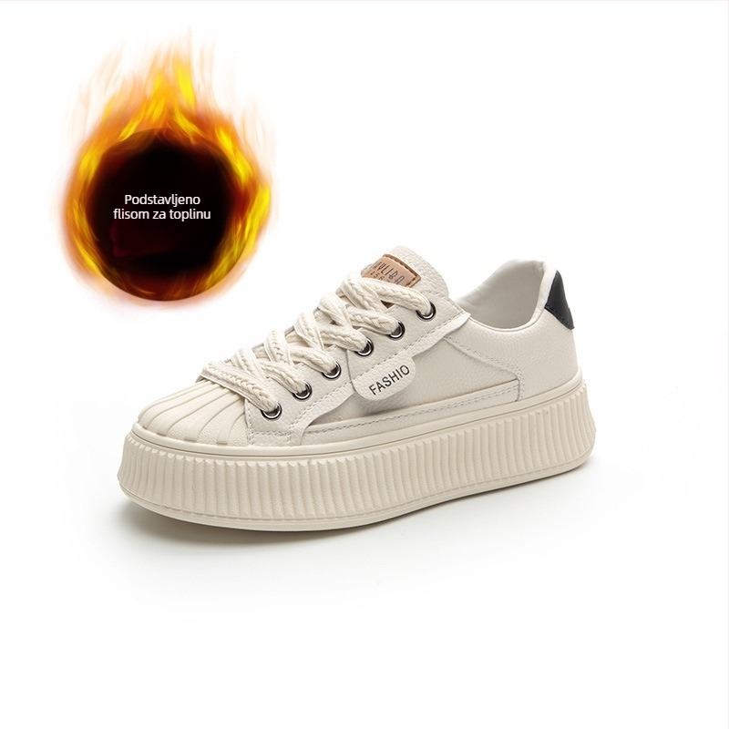 Ženske bijele kožne tenisice s debelom potplatom, shell toe, niski gornji dio