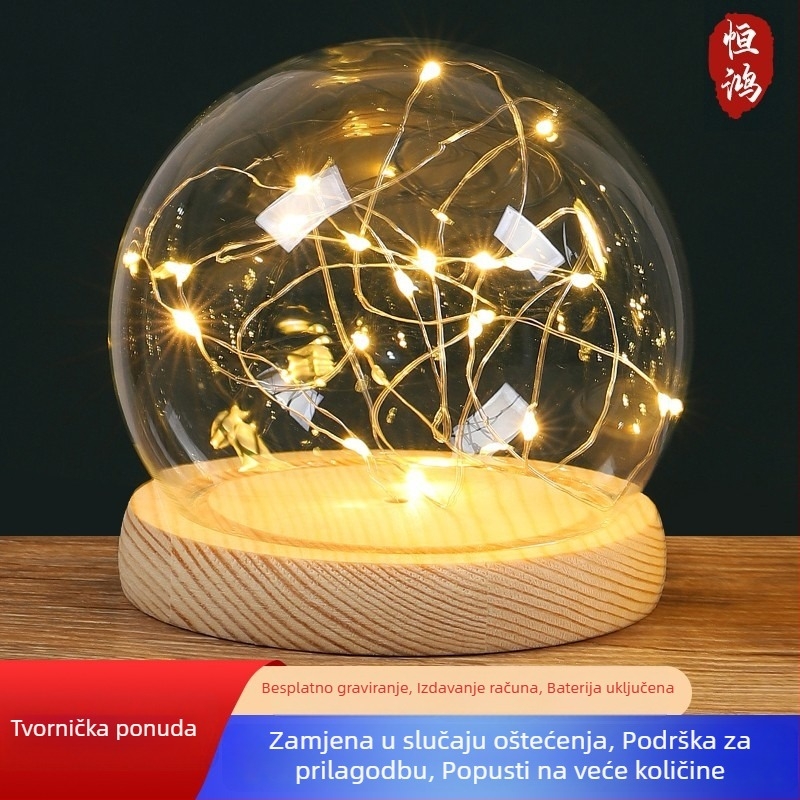 Sferična staklena vitrina s očuvanim i osušenim cvijećem, stakleni poklopac, svijetleće niti, figurica, ručni model, visoko borosilikatno staklo