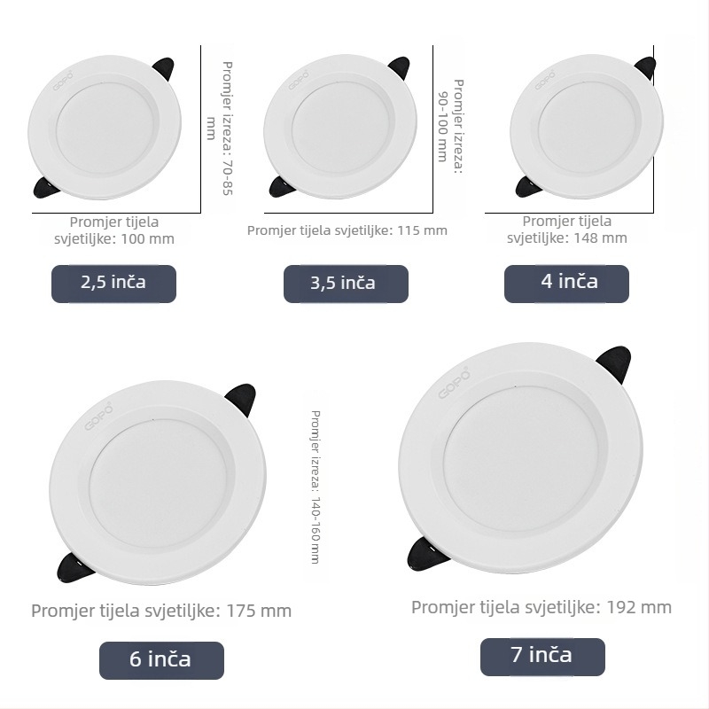 GOPO ugrađeni LED downlight A6LED, 5W–24W, komercijalno i uredsko osvjetljenje