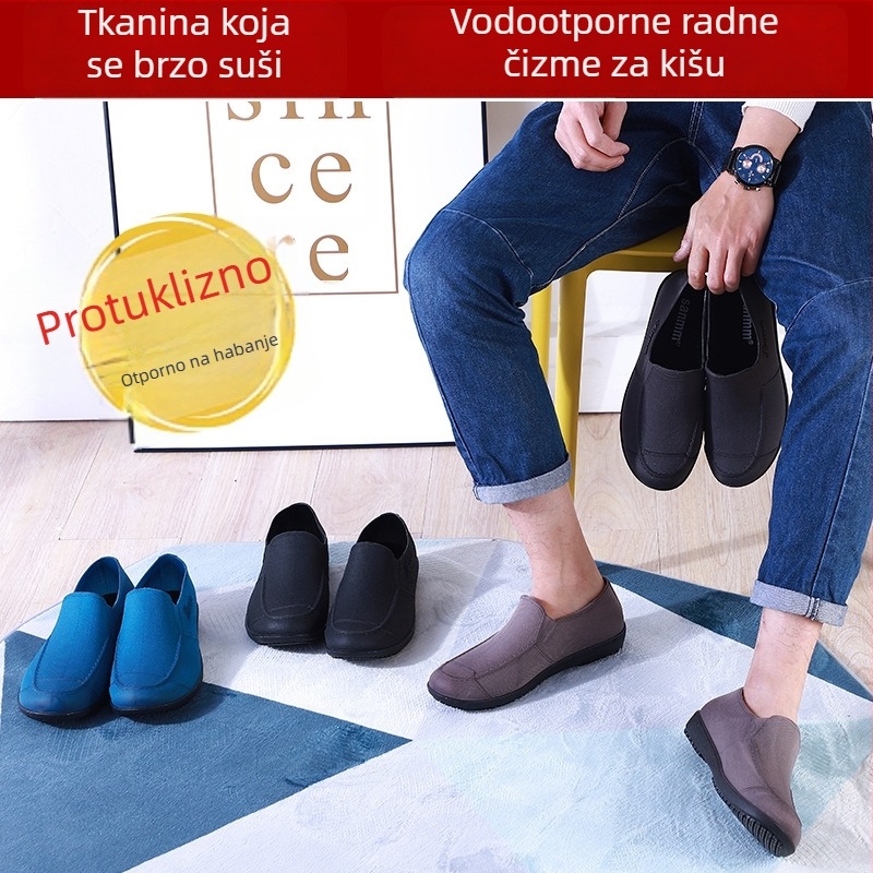 Protuklizne muške niske kišne cipele za proljeće i jesen, vodootporni gornji dio od PVC-a, plastična potplata, EVA umetak, mrežasta podstava, okrugli vrh, plosni potplat
