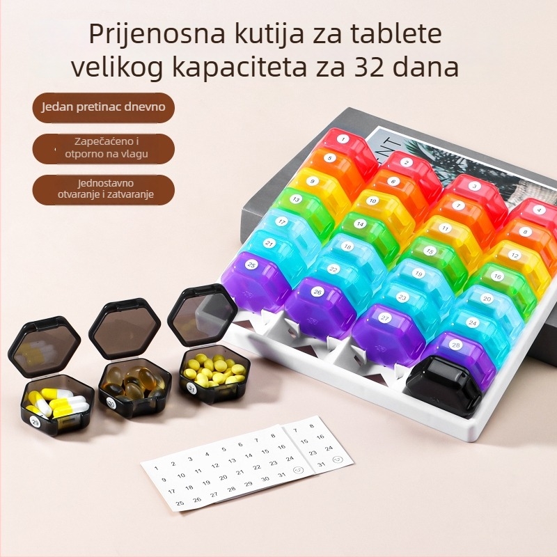 Kutija za tablete u boji duge sa 32 pretinca, odvojiva, za putovanja, plastični organizator tableta