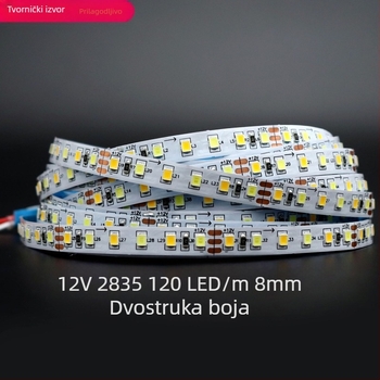 LED traka za garderobu, 12V, 2835 LED, dvobojna temperatura, 120 LED, širina 8 mm, niska napetost, okvir s dvostranim pločama