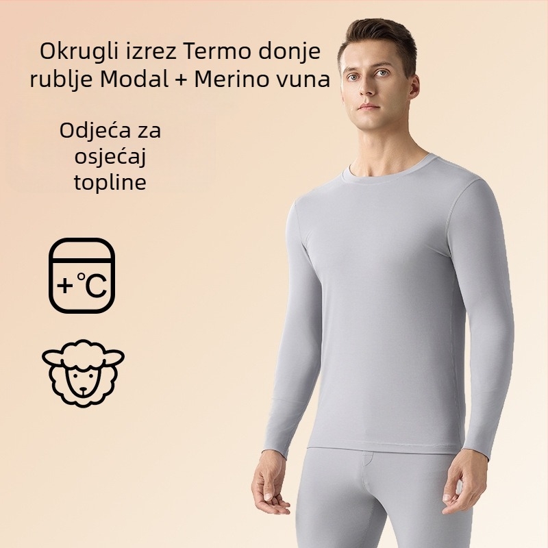 Muški termalni bazni sloj od modalno-vunane smjese, s okruglim izrezom, kratkim rukavom, tanak i topao