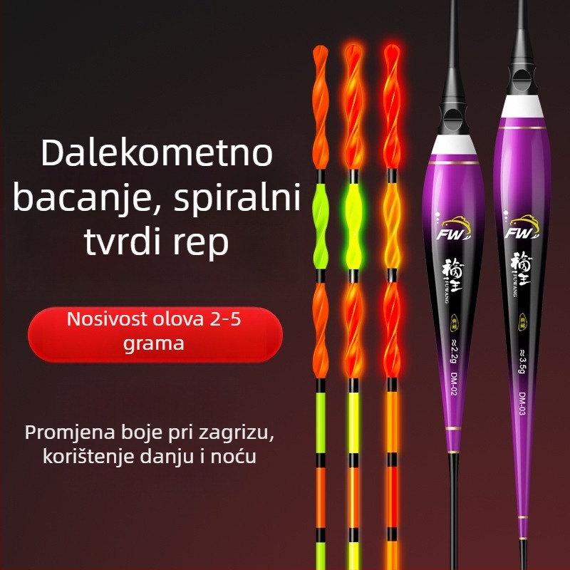 Špiralna repna pluta s promjenom boja i svjetlećim efektom, tvrdi rep, elektronički plovak za šarane i velike ribe, upečatljiv debeli plovak za dugačke bacanja
