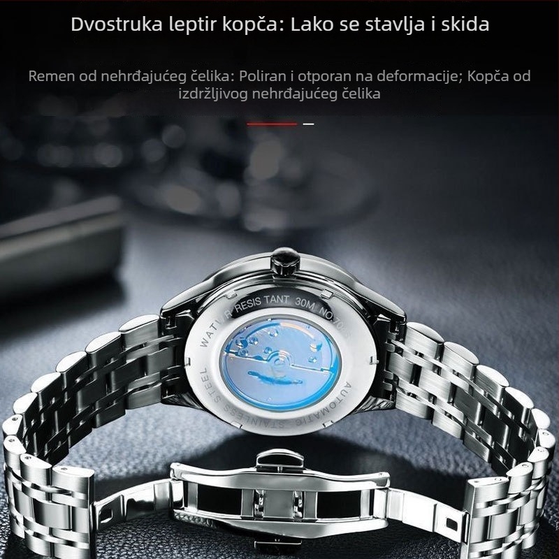 Muški kvarcni sat s prozirnim stražnjim dijelom, luminescencija, 42 mm, nehrđajući čelik kućište i kaiš, kalendar, dan u tjednu, vodootpornost 30 m, poslovni stil