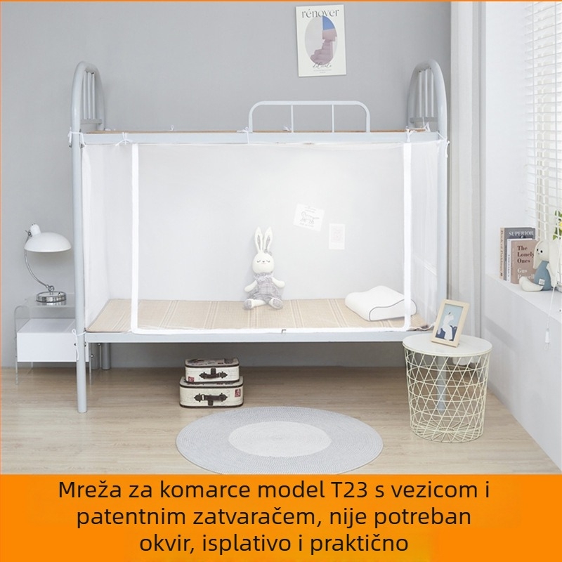 Mreža protiv komaraca za donji krevet u studentskom domu, potpuno pokrivanje, vrata sa zipom, pričvrsne vrpce, minimalistički stil, poliester