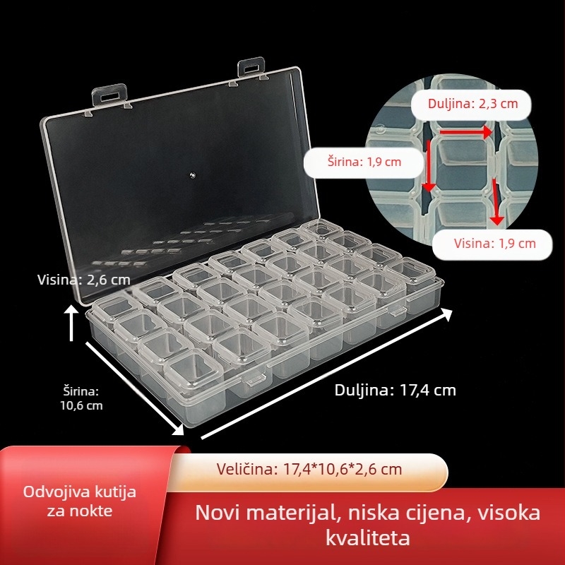 Prozirna kutija za pohranu s 28 pretinaca za manikuru i perlice, s poklopcem, PP