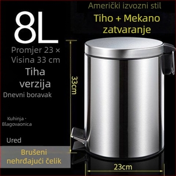Kovinski koš za smeće od nehrđajućeg čelika, 8 L, pedalo otvaranje poklopca, unutarnji spremnik, za hotel, dom i ured.
