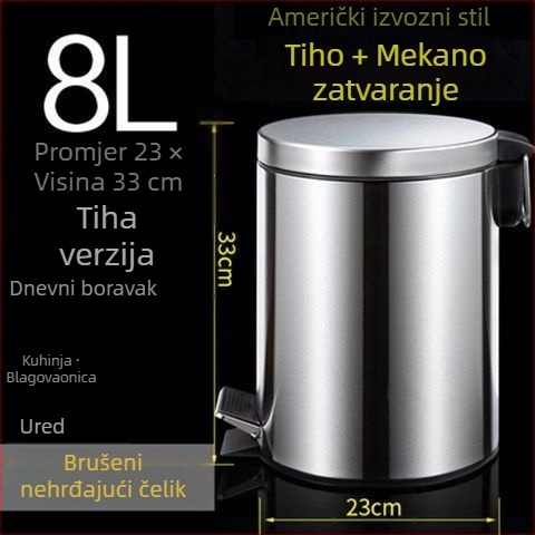 Kovinski koš za smeće od nehrđajućeg čelika, 8 L, pedalo otvaranje poklopca, unutarnji spremnik, za hotel, dom i ured.