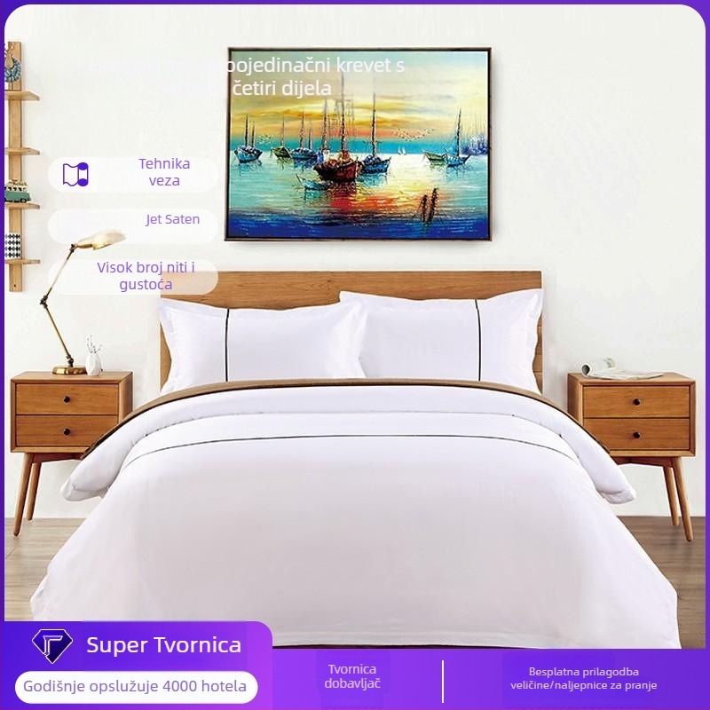 Hotelski četverodijelni set posteljine od 100% pamuka, 80-count, satenska tkanina, jednobojna boja; uključuje plahte, navlaku za pokrivač i dvije navlake za jastuke