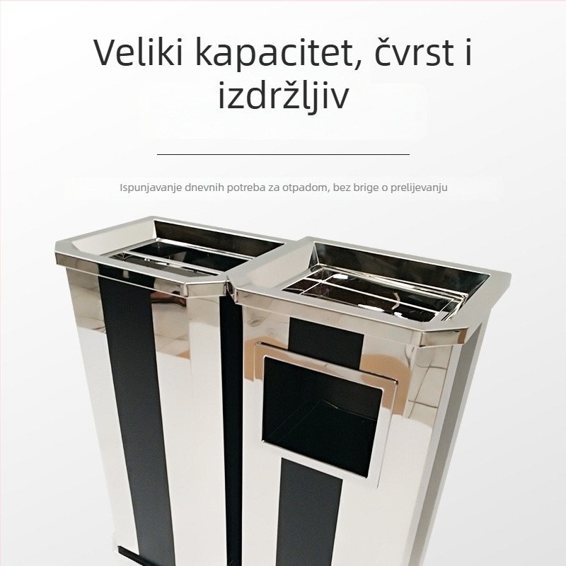 Uspravni spremnik za Pepeo i otpad od nehrđajućeg čelika s crno-bijelim prugama, za ulaz lifta u trgovačkom i poslovnom centru