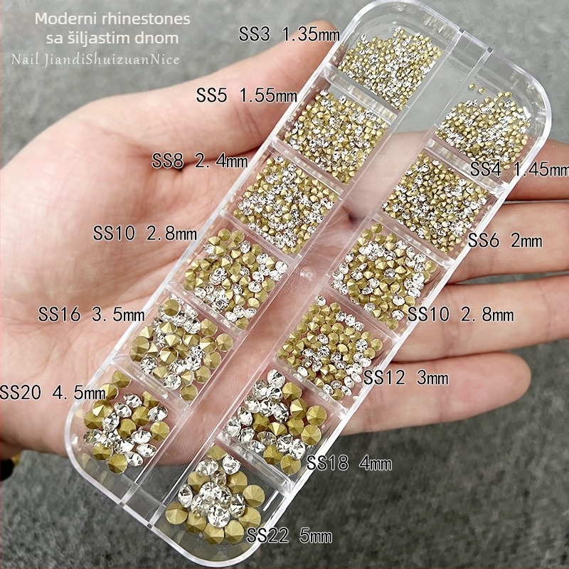 Konkastni kristali za nokte, kutija s 12 pretinaca, izuzetno sjajni stakleni kristali, AB duga boja, svijetla bijela, za nokte i DIY nakit