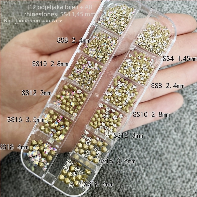 Konkastni kristali za nokte, kutija s 12 pretinaca, izuzetno sjajni stakleni kristali, AB duga boja, svijetla bijela, za nokte i DIY nakit
