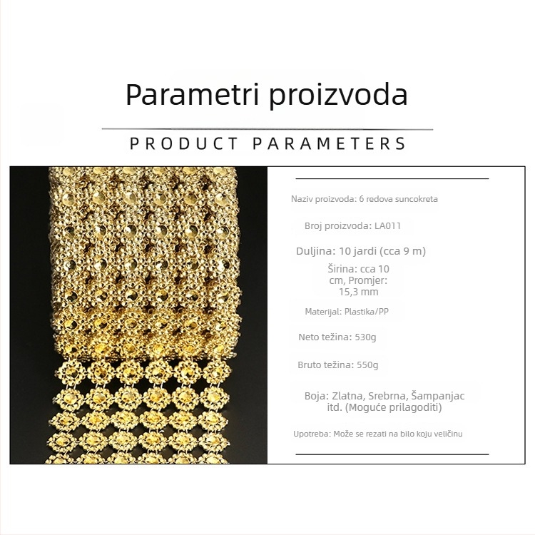 Šest redova akrilnih rhinestona s vakuumskim premazom na plastičnoj šupljoj mreži