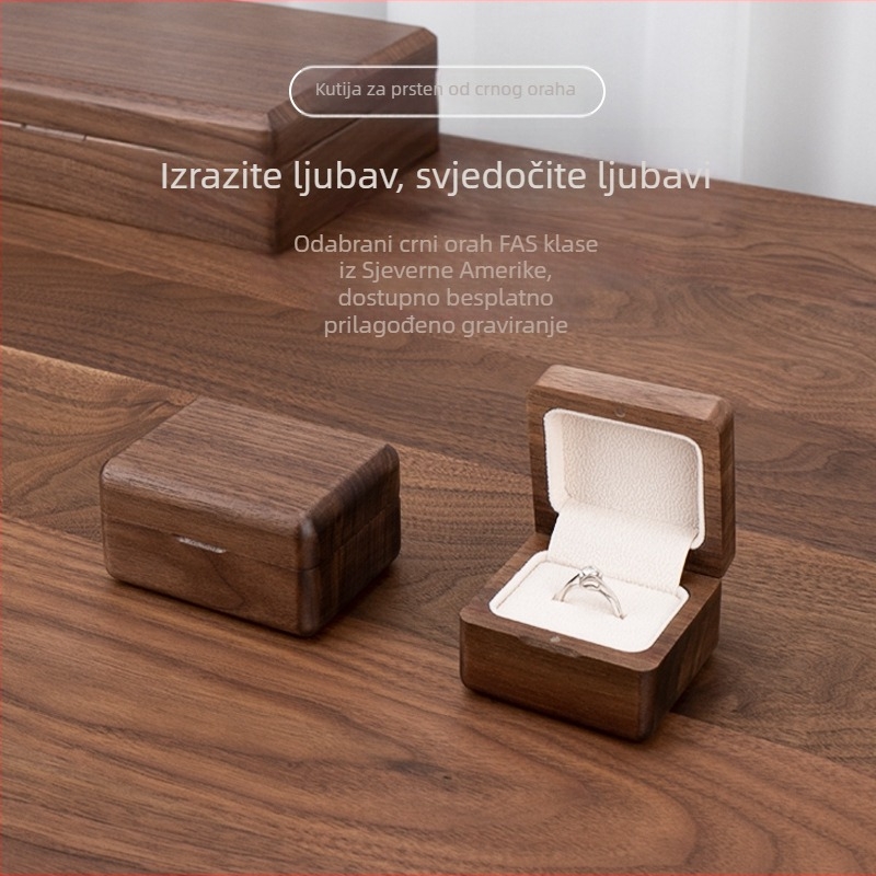 Kutija za prsten od crnog oraha, masivna drvena kutija za nakit, elegantan dizajn, poklon za Valentinovo, prijedlog za zaruke