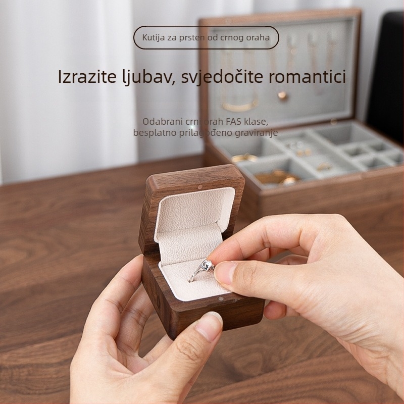 Kutija za prsten od crnog oraha, masivna drvena kutija za nakit, elegantan dizajn, poklon za Valentinovo, prijedlog za zaruke