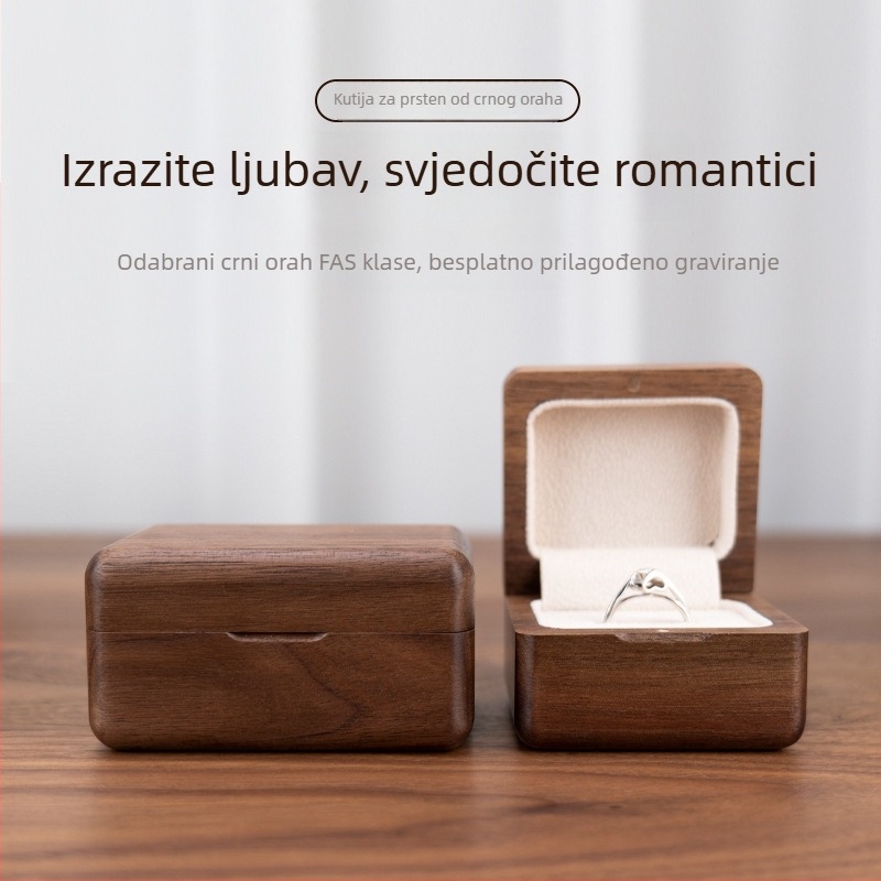 Kutija za prsten od crnog oraha, masivna drvena kutija za nakit, elegantan dizajn, poklon za Valentinovo, prijedlog za zaruke
