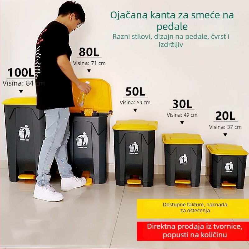 Kanta za otpatke s pedalom i poklopcem, velike kapacitete, plastična, cilindrična, za komercijalnu i kućnu upotrebu