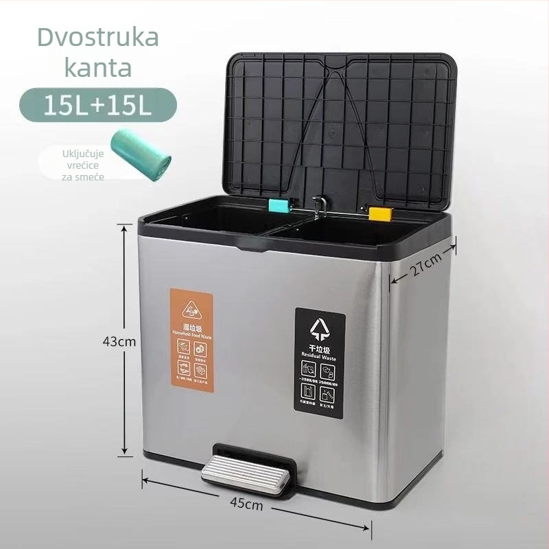 Kanta za smeće od nehrđajućeg čelika s odjeljkom za suhe/mokre, otvaranje nogom, dvostruka ili trostruka komora, za kuhinju, dnevni boravak i ured