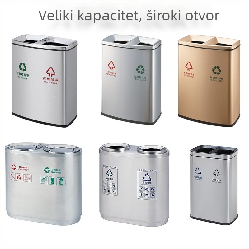 Prilagođeni koš od nehrđajućeg čelika s velikim otvorom za hotele, trgovačke centre, zračne luke i metro stanice; unutarnji plastični spremnik otporan na otiske prstiju