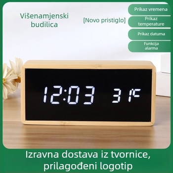 Drveni budilnik od bambusa, pravokutnog oblika, glasovno upravljan, s temperaturom, noćnim svjetlom, kalendarom i 24-satnim prikazom — tiho modern dekor za dnevni boravak