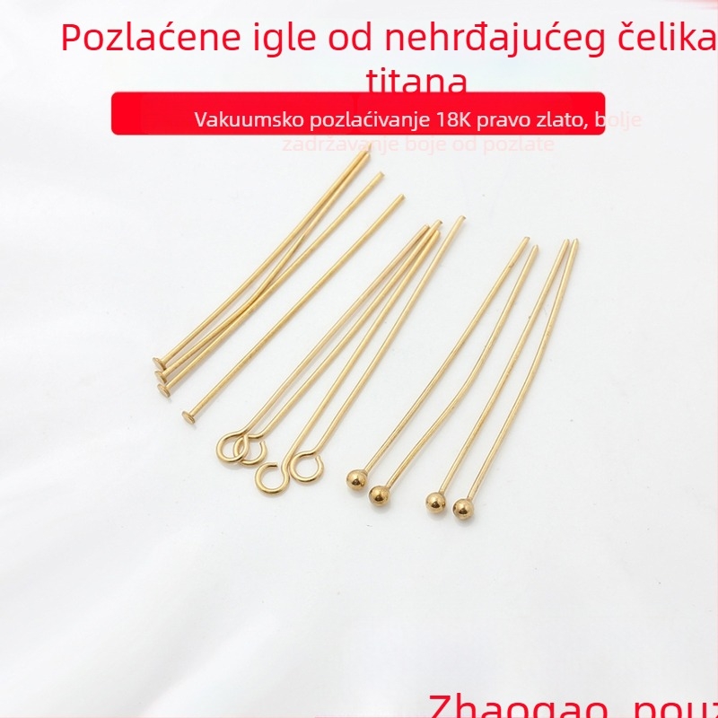 Set igala za perle od nehrđajućeg čelika s vakuum premazom 18K zlata — kuglične, T-oblike, 9-oblike i igle s okruglom glavom za izradu nakita DIY