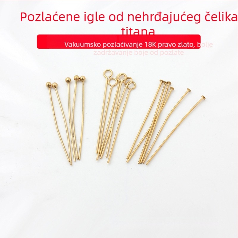 Set igala za perle od nehrđajućeg čelika s vakuum premazom 18K zlata — kuglične, T-oblike, 9-oblike i igle s okruglom glavom za izradu nakita DIY