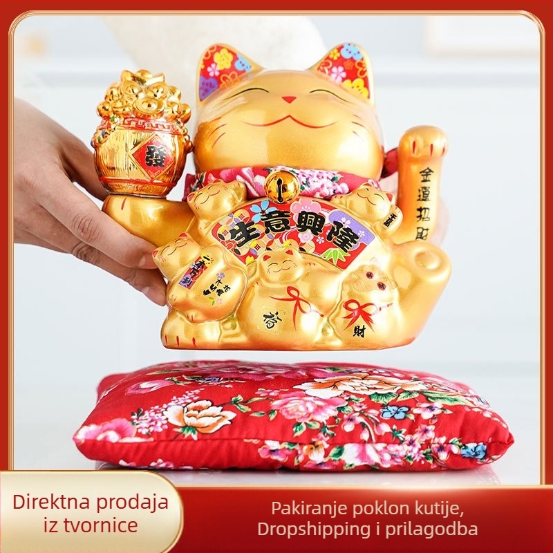 Zlatna keramička mačka Maneki s pokretnom šapom – ukrasna figura za ured i dom