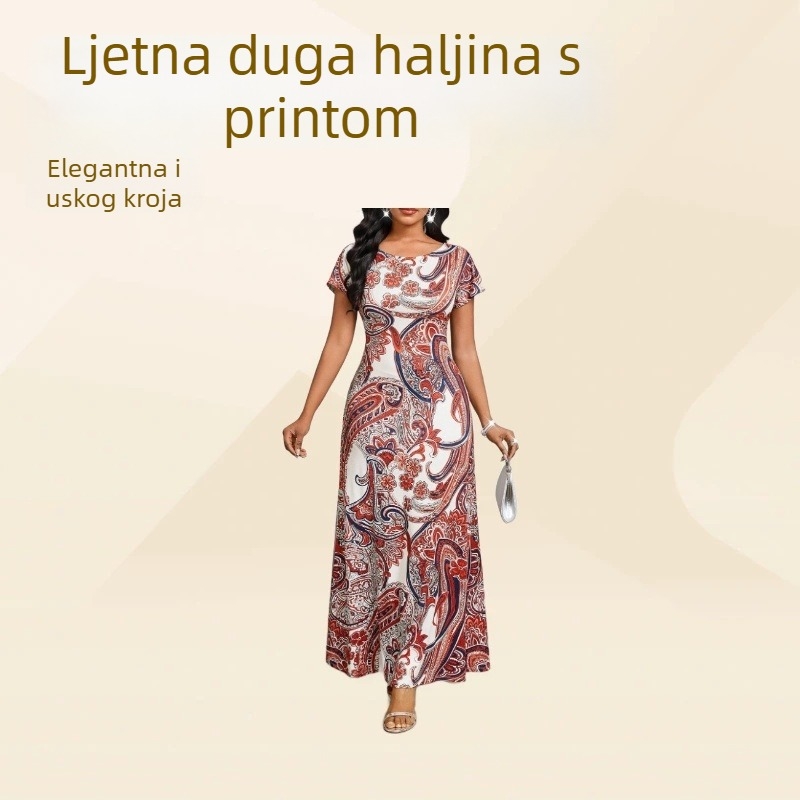 Ženska haljina s retro otiskom, kratkih rukava, uskog kroja, elegantan euro-američki stil
