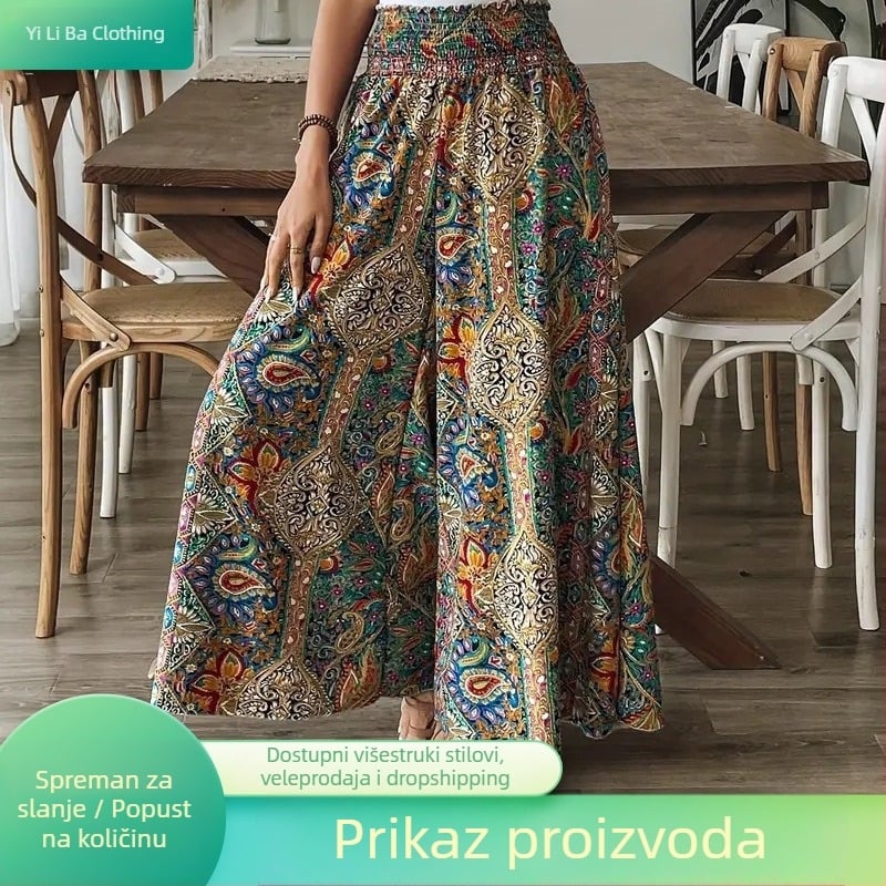 Boho culotte hlače s visokim strukom i širokim krojem, s printom, ljetne casual hlače