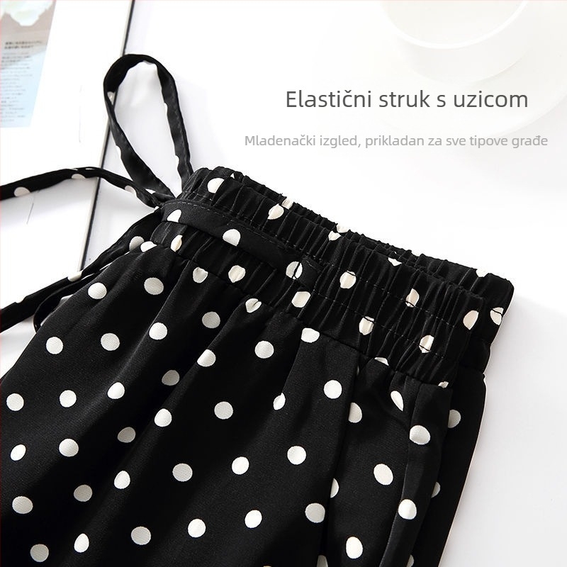 Ženske široke hlače s točkasti uzorak od ice silk, lagane, visokim strukom, drapirane, opuštene, šifon