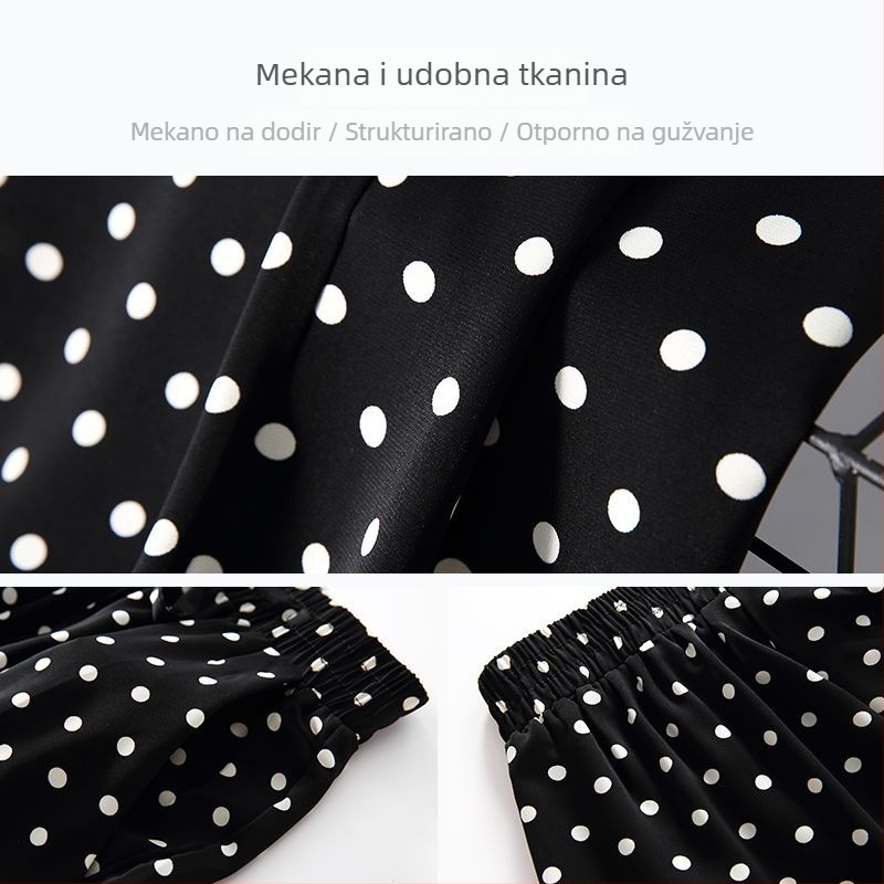 Ženske široke hlače s točkasti uzorak od ice silk, lagane, visokim strukom, drapirane, opuštene, šifon