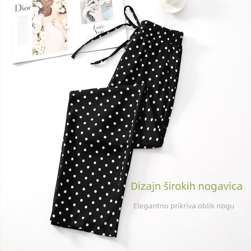 Ženske široke hlače s točkasti uzorak od ice silk, lagane, visokim strukom, drapirane, opuštene, šifon