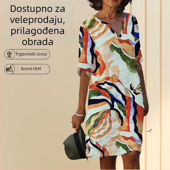 2026 ženska haljina s V‑izrezom, cvjetni print s jagodama, A‑kroj, kratki rukvi, poliester, ležerna elegancija za proljeće i ljeto