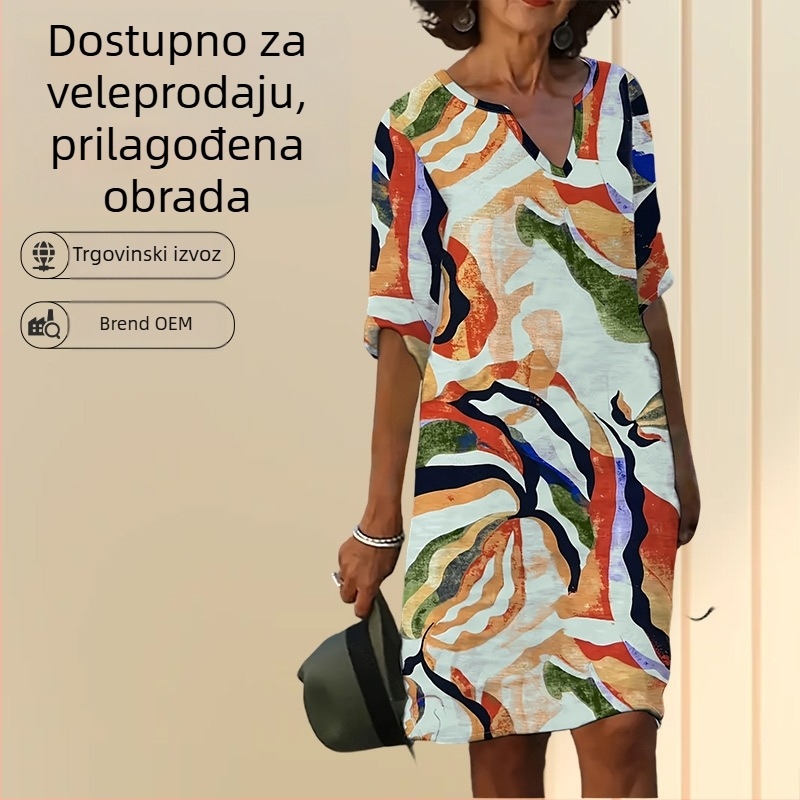 2026 ženska haljina s V‑izrezom, cvjetni print s jagodama, A‑kroj, kratki rukvi, poliester, ležerna elegancija za proljeće i ljeto