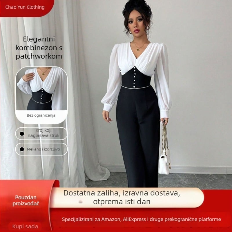 Ženski kombinezon s dugim rukavima u crno-bijelom blok uzoru, uski struk i široke hlače, elegantan izgled