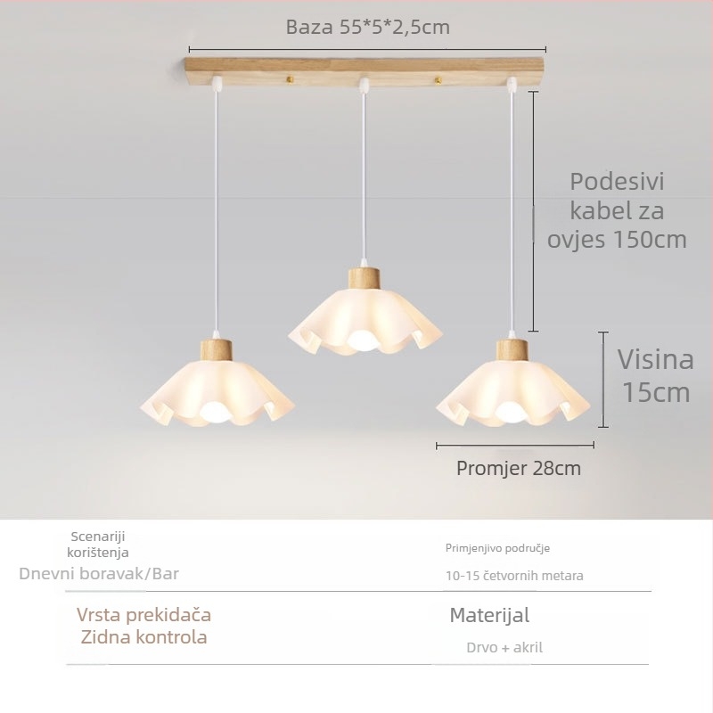 Drveni luster krem boje, s oblikom latice, modernog minimalističkog stila, s jednim glavnim tijelom, za spavaću sobu i restoran