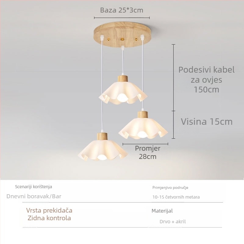 Drveni luster krem boje, s oblikom latice, modernog minimalističkog stila, s jednim glavnim tijelom, za spavaću sobu i restoran