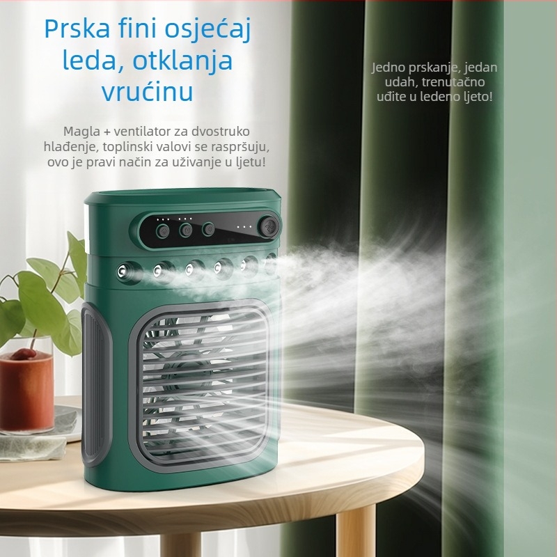 Stolni kompaktni ventilator s hlađenjem raspršivačem i ovlaživačem, mogućnost dodavanja kockica leda, Type-C punjenje