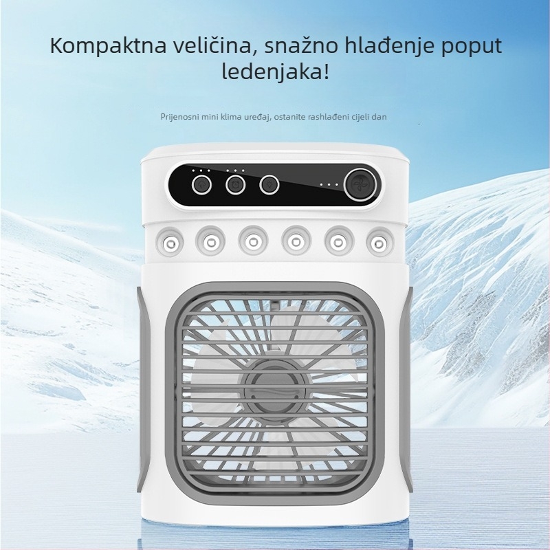 Stolni kompaktni ventilator s hlađenjem raspršivačem i ovlaživačem, mogućnost dodavanja kockica leda, Type-C punjenje