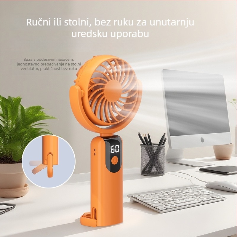2026 novi model USB ručnog ventilatora s digitalnim zaslonom, 100 razina brzine, kuka za stolno korištenje i rotirajuća glava
