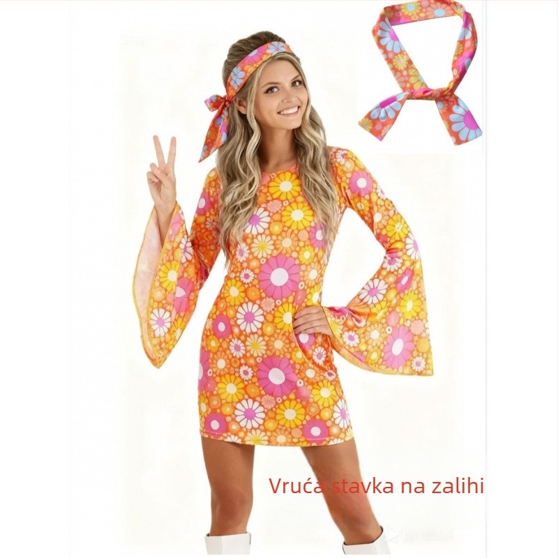 Haljina od poliestera u stilu hippie-disco 70-ih, polo ovratnik, 3/4 rukavi, midi duljina, umjetnički vintage stil
