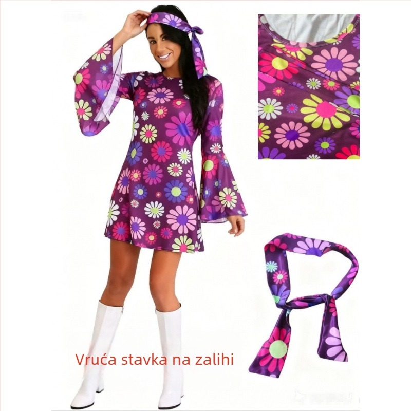 Haljina od poliestera u stilu hippie-disco 70-ih, polo ovratnik, 3/4 rukavi, midi duljina, umjetnički vintage stil