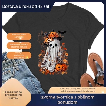 Ženski Halloween T‑shirt s printom duha i bundeve – jesenski cvjetni uzorak, europska veličina