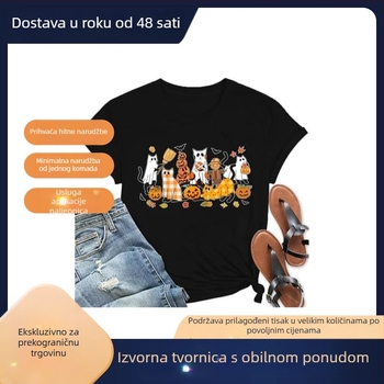 Ženski Halloween T‑shirt s printom duha i bundeve – jesenski cvjetni uzorak, europska veličina