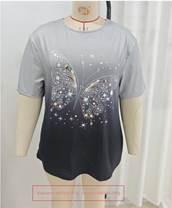 Plus-size ženska T-majica s printom leptira, kratki rukavi, proljeće-ljeto, elegantan i opušten kroj