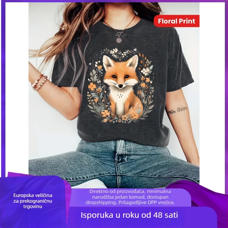 Ženska svakodnevna kratka majica s okruglim izrezom i kratkim rukavima, print lisice i cvijeća – životinjska tema, jarko narančasta