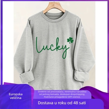 Ženski pulover s tiskom slova i četverolisnom djetelinom, ležerni kroj, dugi rukav, okrugli izrez, jesen-zima