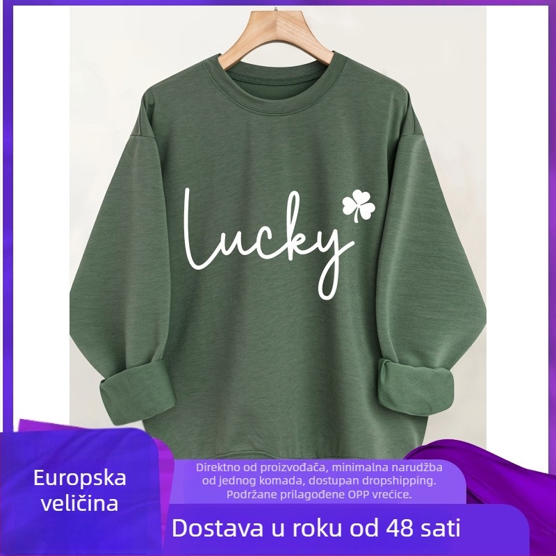 Ženski pulover s tiskom slova i četverolisnom djetelinom, ležerni kroj, dugi rukav, okrugli izrez, jesen-zima