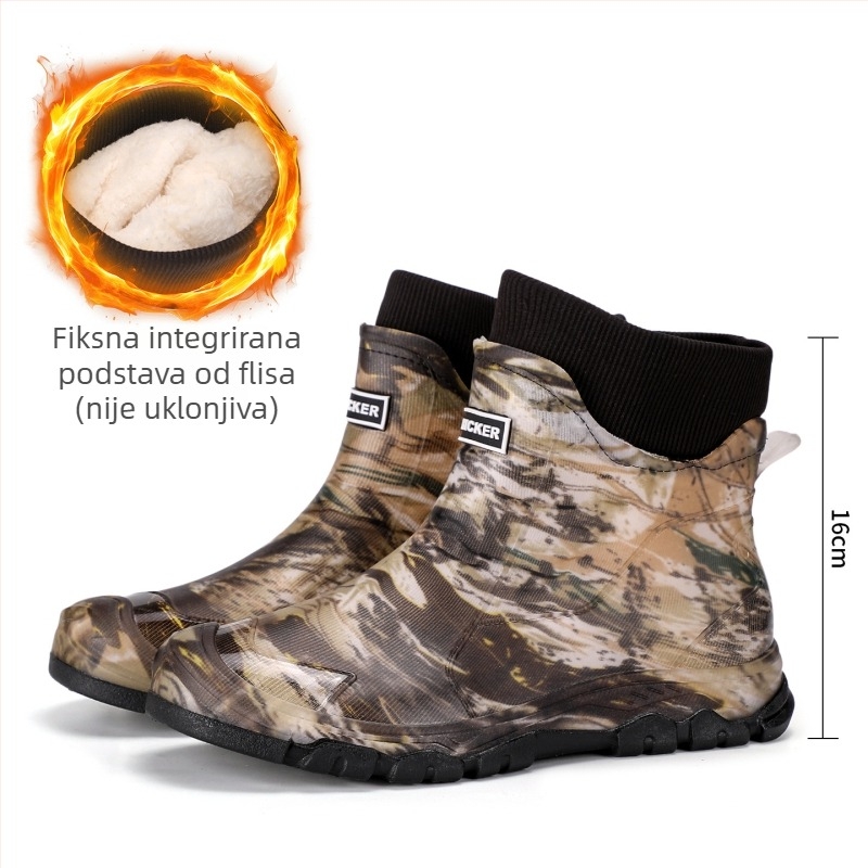 Muške vanjske vodootporne gumene čizme, crne kratke kišne čizme s toplom fleec podstavom, otporne na vjetar